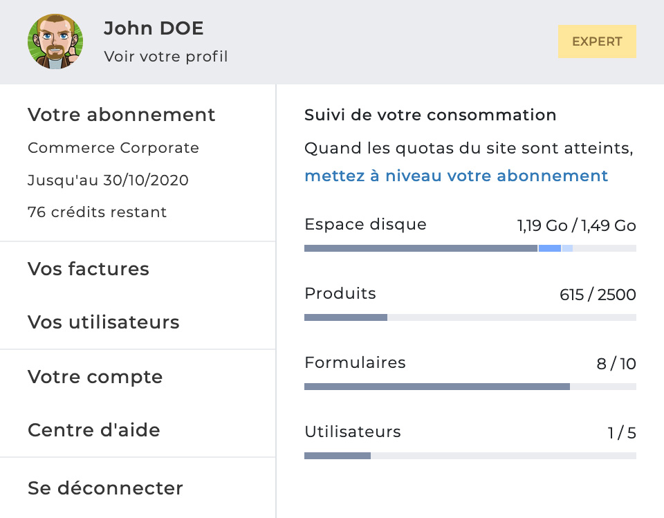 Fenêtre de gestion de compte