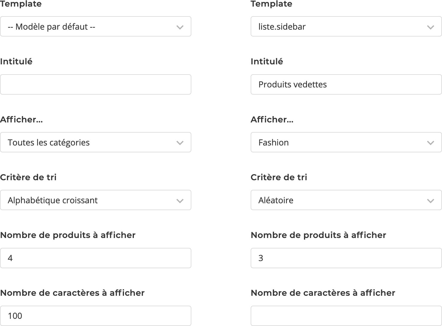 Différentes configurations d'un widget